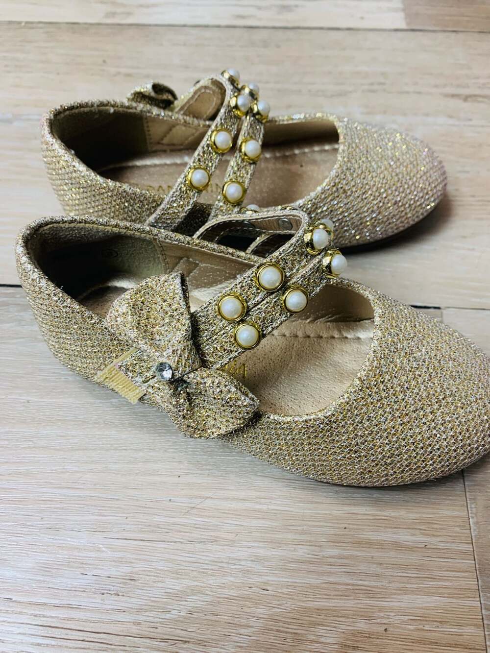 Pandaninjia Mary Jane Flats Size 6 Gold Glitter Pearl Bow